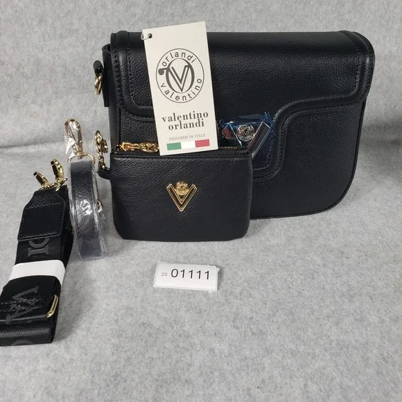Valentino Orlandi Black Leather Crossbody Bag w/ Coin Pouch & Shoulder Strap Set - Picture 7 of 7